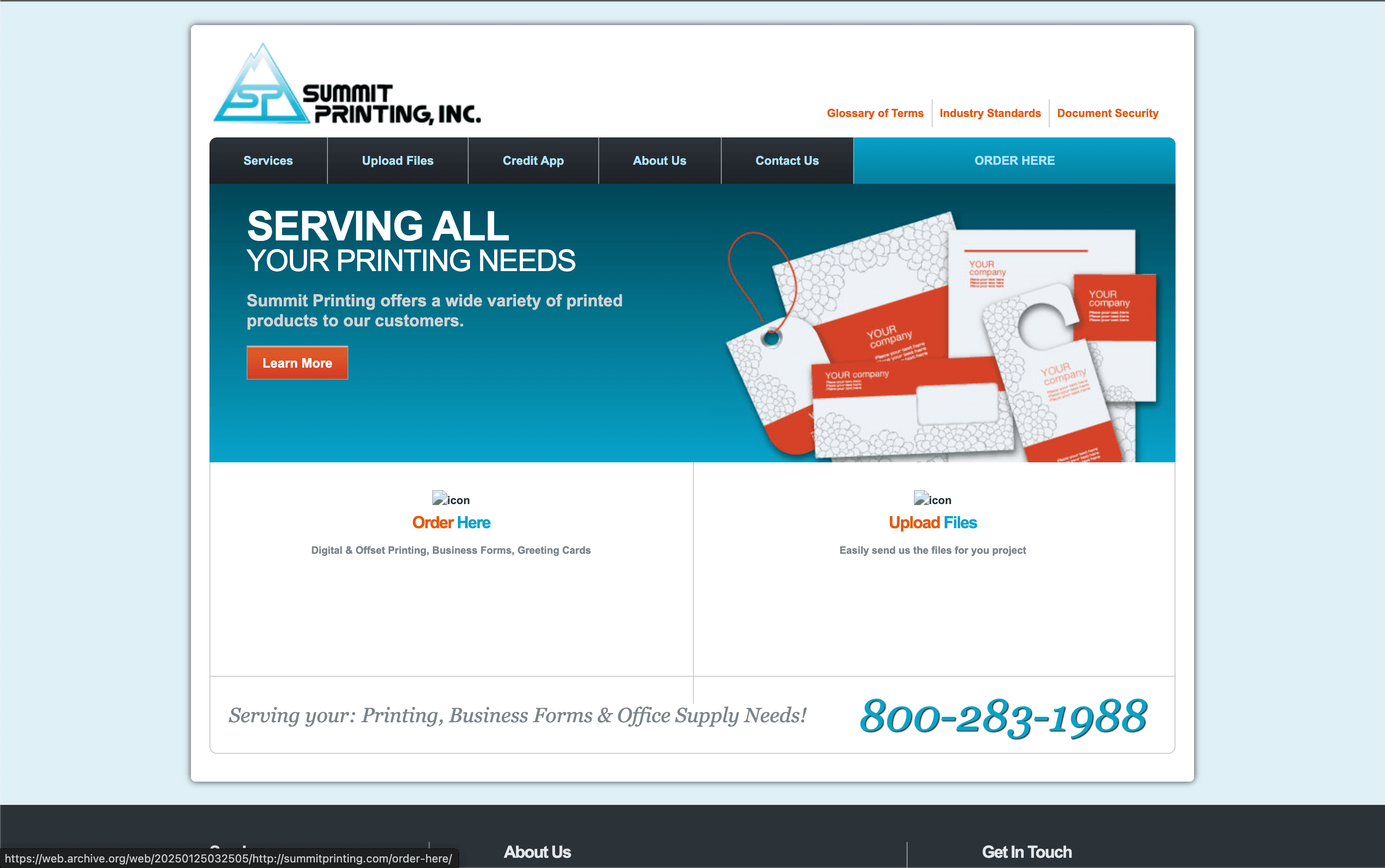 Summit Printing old website — a static HTML site with a basic teal banner and no e-commerce functionality