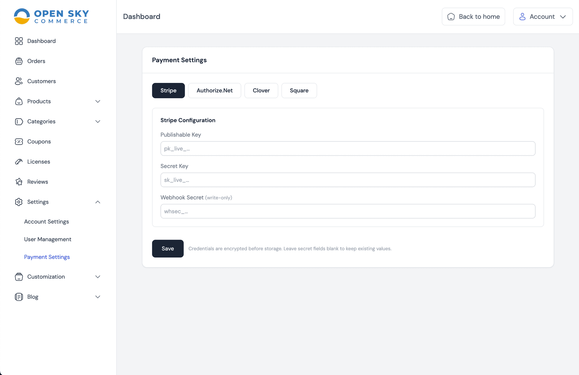 Payment processor selection in admin panel