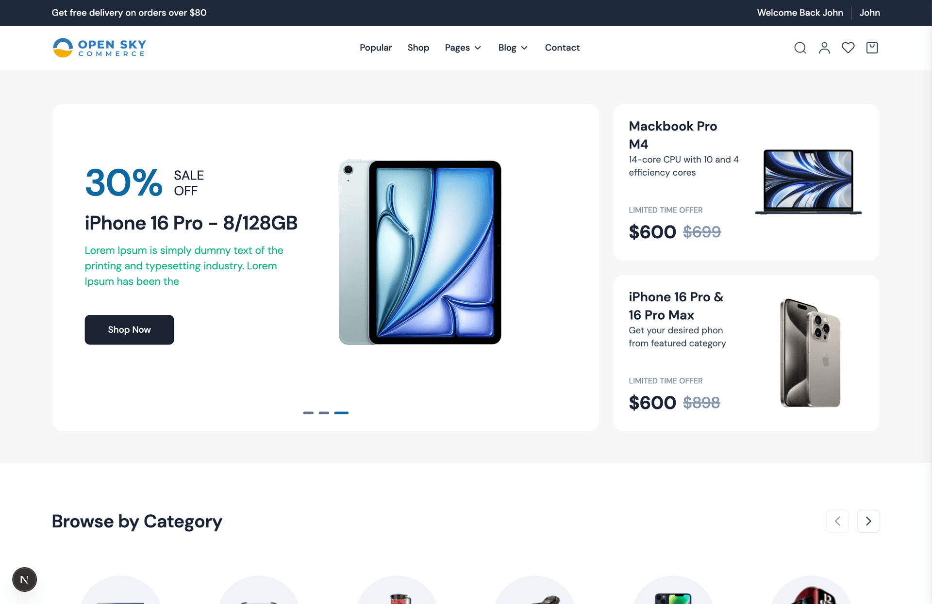 Admin dashboard with sales stats